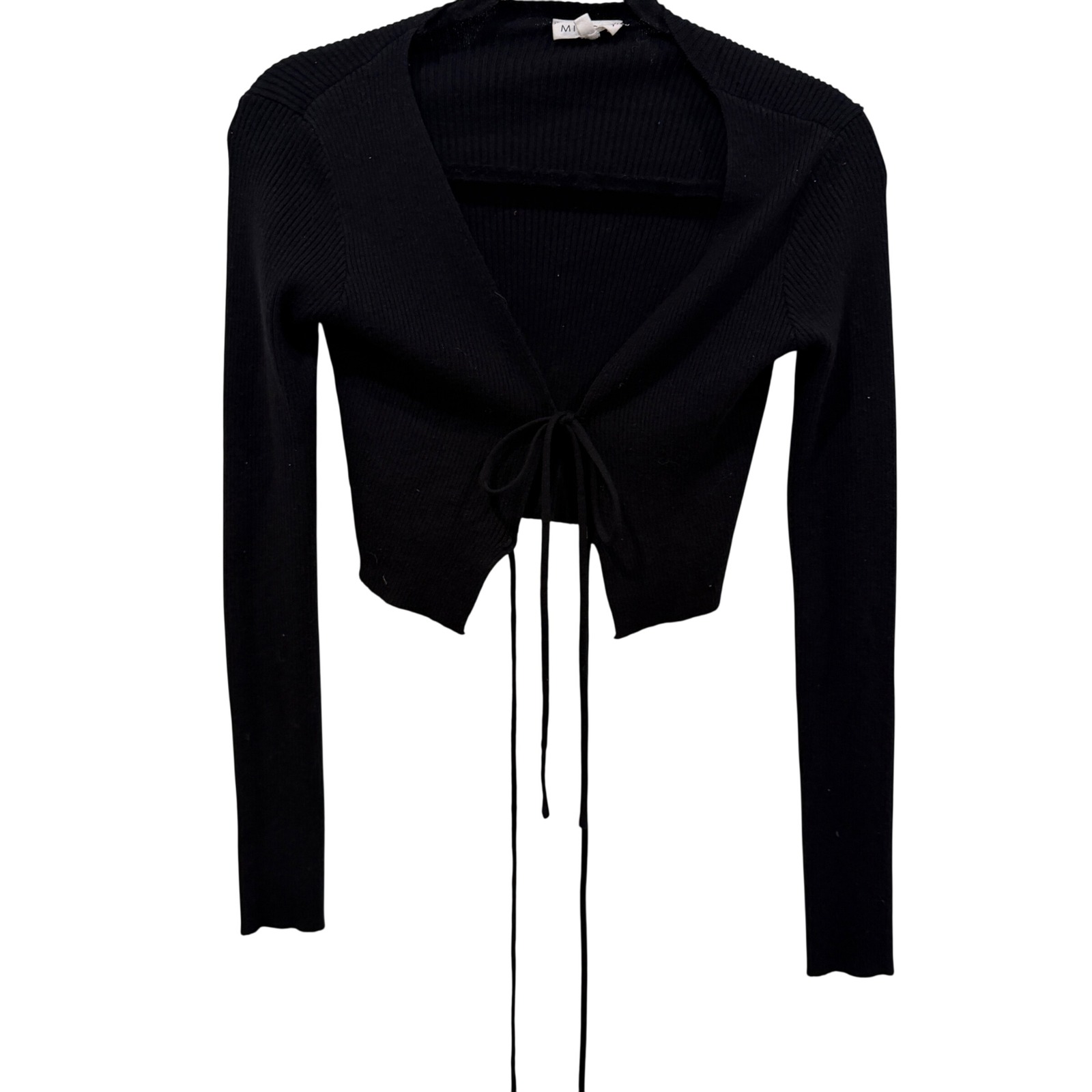 Mimosa Black Ribbed Tie Front Cropped Cardigan Sweater Small Mt1039